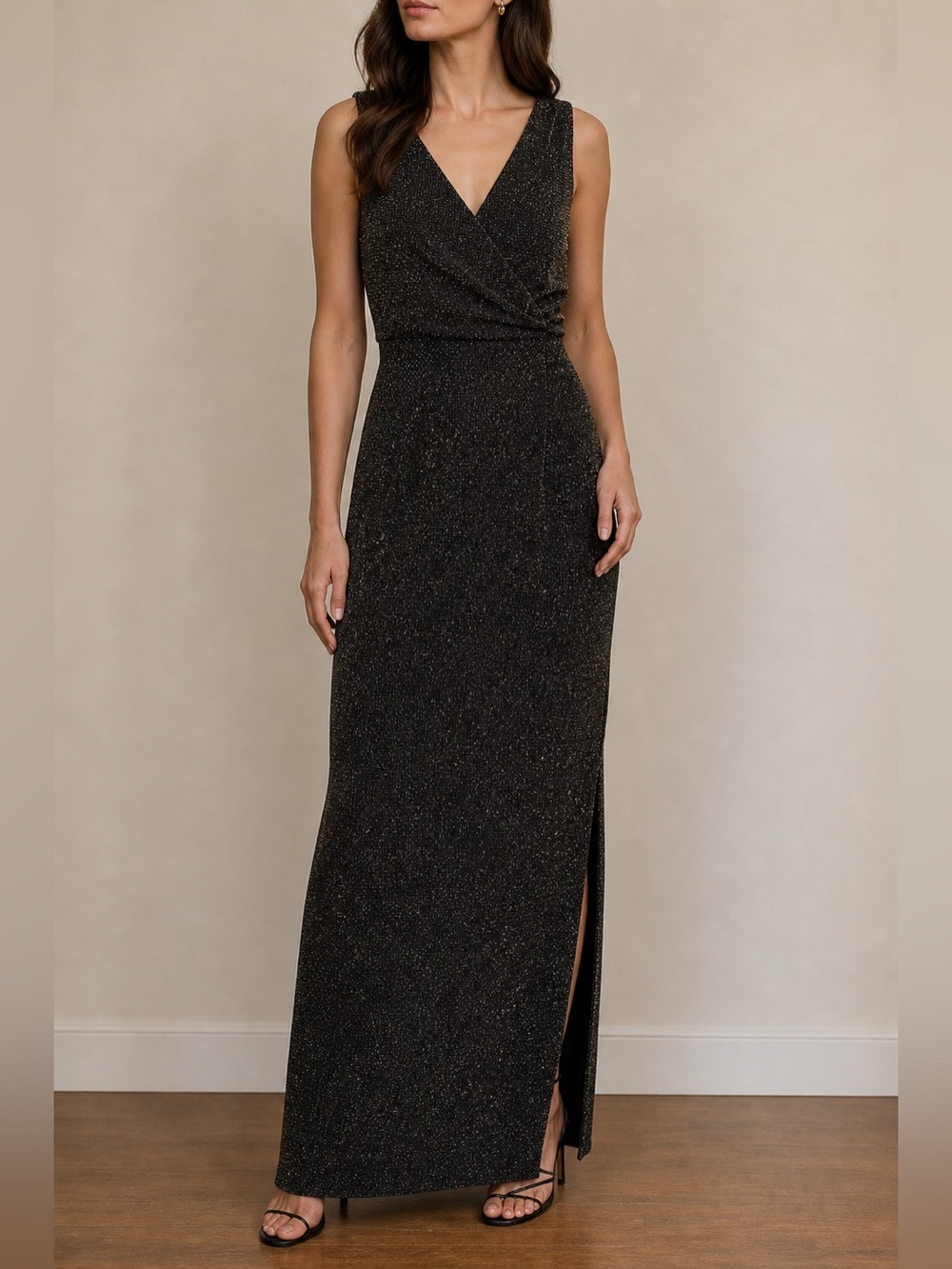 Formal Dress Maxi Black with Gold Shimmer Elegant Size 4 Slit Gala Wedding Guest